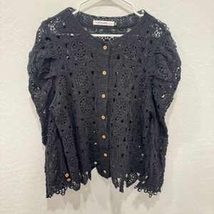 Origami by Vivien Cardigan Sweater Womens 2XL Black Open Knit Lace Whimsigoth